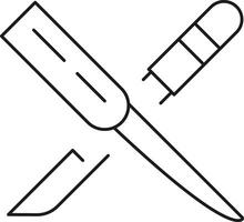 Simple line art icon of crossed scalpel and tweezers for medical or craft use vector