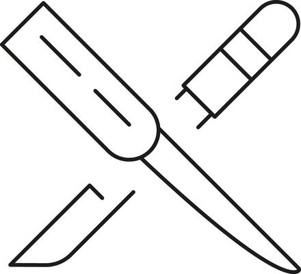 Simple line art icon of crossed scalpel and tweezers for medical or craft use