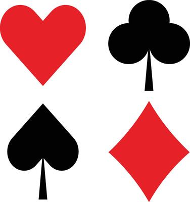 Four classic playing card suits including hearts diamonds clubs and spades isolated on transparent background