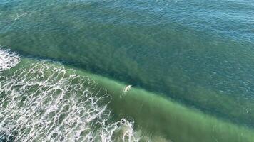 Drone captures paddleboarder navigating waves at Gold Coast. Clear skies, vibrant ocean, dynamic movement video