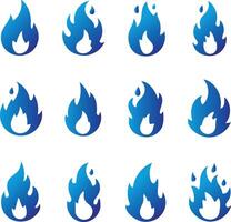 Collection of blue flame icons with gradient effect isolated on white background vector