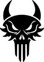 Fierce black skull with horns and jagged edges isolated on white background. vector