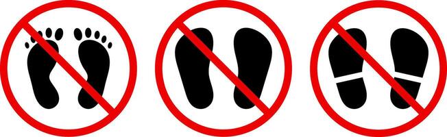 no footprint icon set. No walking area icons. Red circle restriction. prohibited sign. footstep prints steps symbol vector