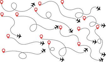 airplane with dotted flight path. air plane route dash line route with location pin. airplane icon set. plane symbol. map symbol vector
