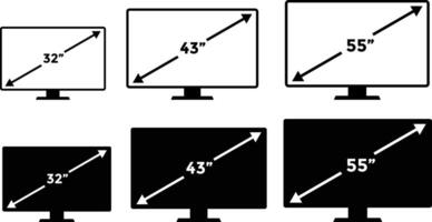 smart tv screen sizes icon set. 32, 43, 55. Display Screen Symbol. Computer monitor. Screen inches size. mass category of laptops vector
