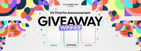 Giveaway winner announcement with three winners. Promotional celebration background using eye catching ornaments, ideal for sale updates, rewards, and festive interactions. vector