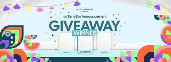 Giveaway winner announcement with three winners. Interactive contest reveal background using modern design, ideal for free prize updates and shopper celebrations. vector