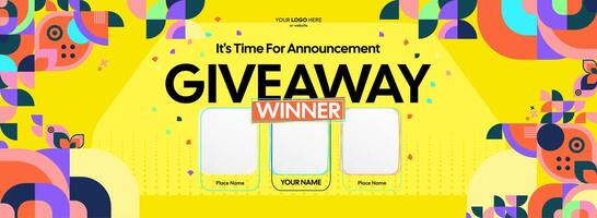 Giveaway winner announcement with three winners. Colorful prize banner with strong visual appeal, optimized for online shopping events and follower engagement promos. vector
