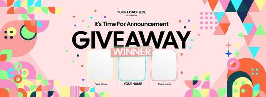 Giveaway winner announcement with three winners. Festive contest announcement using abstract shapes, ideal for giveaways, rewards, and shopping promotion visuals. vector
