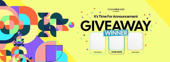 Festive giveaway winner announcement featuring colorful geometric patterns. Giveaway winner announcement with three winners. Great for marketing, contests, and online shopping. vector
