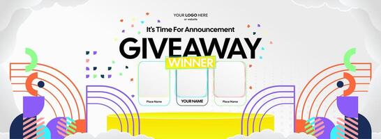 Colorful geometric backgrounds enhance this giveaway winner announcement. Giveaway winner announcement with three winners. Great for promotions, contests, and online interactions. vector