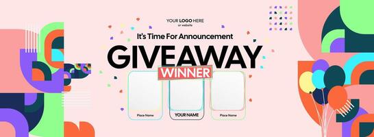 Giveaway winner announcement with three winners. Horizontal visual with reward based theme, suitable for celebrating contest wins and boosting user engagement. vector