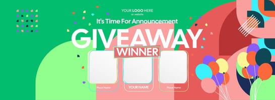 Engaging giveaway winner announcement featuring colorful geometric backgrounds. Giveaway winner announcement with three winners. Great for online contests and festive marketing. vector