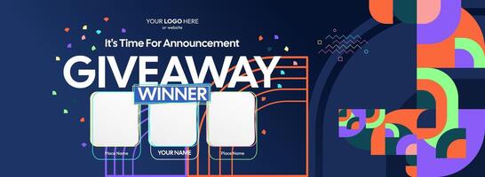 Eye catching geometric patterns enhance this giveaway winner announcement. Giveaway winner announcement with three winners. Ideal for online shopping and social media engagement. vector