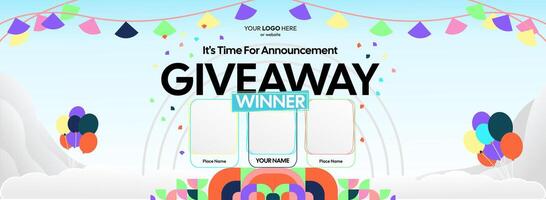 Giveaway winner announcement with three winners. Bright banner layout featuring geometric ornaments, perfect for marketing events, prize announcements, and product giveaways. vector