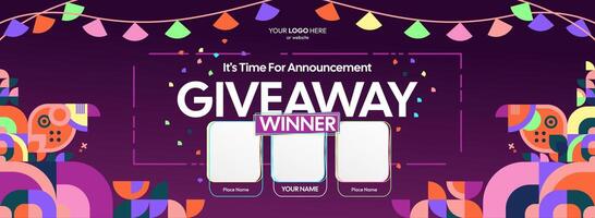 Giveaway winner announcement with three winners. Colorful contest template for marketing use, perfect for celebrating wins, sharing rewards, and online prize updates. vector