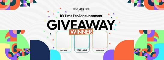 Giveaway winner announcement design featuring vibrant geometric backgrounds. Giveaway winner announcement with three winners. Perfect for online shopping promotions and contests. vector