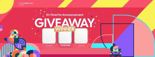 Dynamic giveaway winner announcement with striking geometric designs. Giveaway winner announcement with three winners. Ideal for online shopping and festive celebrations. vector