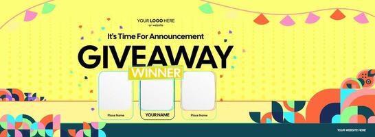 Giveaway winner announcement with three winners. Promo banner design with vibrant color scheme, ideal for product prize reveals and customer engagement campaigns. vector