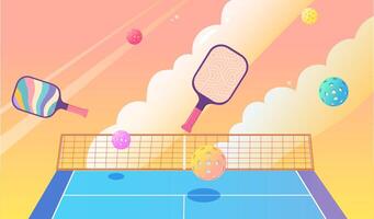 Colorful cartoon illustration of pickleball paddles and balls flying over a net on a bright court with a vibrant sunset sky and clouds vector