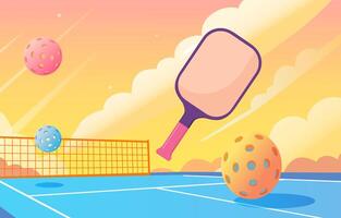 Minimalist cartoon illustration of a pickleball paddle and colorful balls flying across a court under a bright yellow and pink sunset sky with soft clouds vector