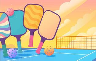 Colorful pickleball paddles and balls arranged playfully on a court with a vibrant sunset background and soft cloud shapes in a fun cartoon style vector