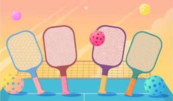 Colorful cartoon illustration of four pickleball paddles with geometric patterns standing on a court with balls flying around, a vibrant pink and yellow sky vector