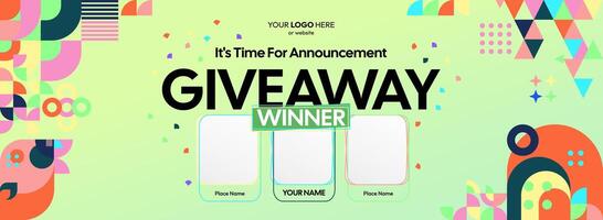 Giveaway winner announcement with three winners. Interactive contest reveal banner with bright colors, suitable for marketing strategies, challenges, and prize based events. vector