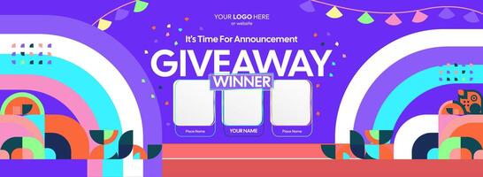 Vibrant geometric shapes highlight this giveaway winner announcement design. Giveaway winner announcement with three winners. Ideal for promotions, contests, and social media campaigns. vector