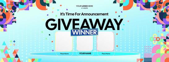 Eye catching geometric patterns create an engaging giveaway winner announcement. Giveaway winner announcement with three winners. Perfect for marketing, contests, and promotions. vector