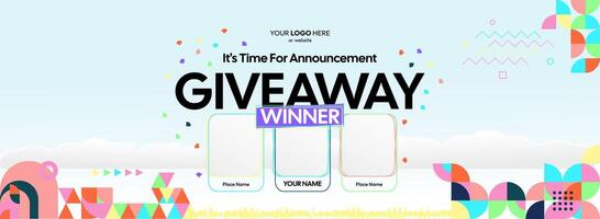 Colorful geometric patterns highlight this giveaway winner announcement. Giveaway winner announcement with three winners. Ideal for marketing campaigns and festive celebrations. vector