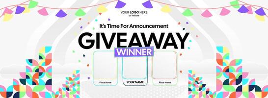 Dynamic geometric backgrounds enhance this giveaway winner announcement. Giveaway winner announcement with three winners. Suitable for social media and online shopping events. vector