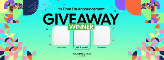 Giveaway winner announcement with three winners. Bright, horizontal layout for announcing competition winners, with bonus details and colorful design to attract giveaway entries vector