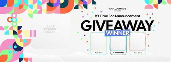 Giveaway winner announcement with three winners. Celebration banner design featuring colorful visuals, used for marketing rewards and contest winner announcements. vector