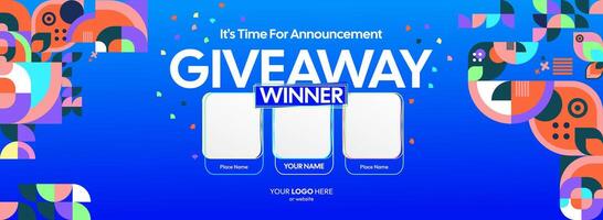 Dynamic giveaway winner announcement featuring lively geometric designs. Giveaway winner announcement with three winners. Great for promotions, contests, and festive celebrations vector