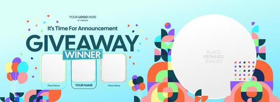 Bold geometric shapes highlight this giveaway winner announcement design. Giveaway winner announcement with three winners. Great for contests, promotions, and social media engagement. vector