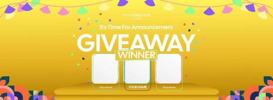 Giveaway winner announcement with three winners. Festive background with colorful geometric shapes, ideal for online contest promos, sales, rewards, and subscriber interaction. vector
