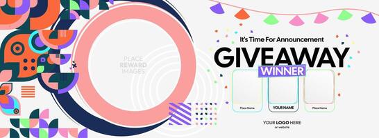 Festive giveaway winner announcement featuring vibrant geometric elements. Giveaway winner announcement with three winners. Perfect for online contests and marketing campaigns. vector