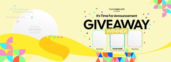 Giveaway winner announcement with three winners. Colorful challenge banner with stylish shapes, optimized for special offers, quizzes, and follower reward campaigns. vector