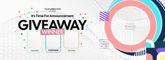 Bold geometric designs create an engaging giveaway winner announcement. Giveaway winner announcement with three winners. Ideal for promotions, contests, and social media campaigns. vector