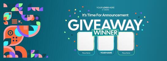 Giveaway winner announcement with three winners. Bold horizontal design using promo friendly backgrounds, fit for advertising, lottery reward updates, or celebration templates. vector
