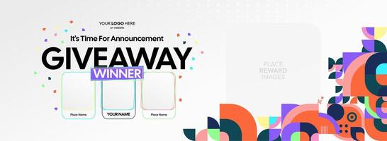 Festive geometric designs enhance this giveaway winner announcement. Giveaway winner announcement with three winners. Ideal for online contests and promotional events. vector