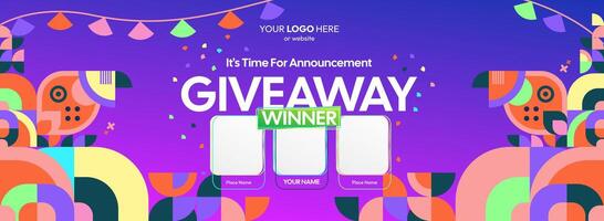 Giveaway winner announcement with three winners. Geometric visuals meet prize reveal for web contests, suitable for sharing special reward news and limited time promotions. vector