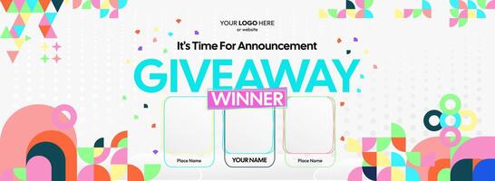 Giveaway winner announcement with three winners. Wide layout using vibrant abstract geometry, suitable for web based gift contests, free prize reveals, or festive bonus alerts. vector
