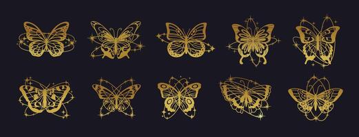 Abstract Y2K butterflies. Golden butterfly. Gradient silhouettes butterfly with line oval auras, shines, stars, sparkles. Brutalism style shiny shapes dreamy insects. set vector