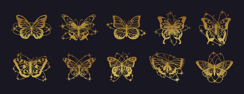 Abstract Y2K butterflies. Golden butterfly. Gradient silhouettes butterfly with line oval auras, shines, stars, sparkles. Brutalism style shiny shapes dreamy insects. set