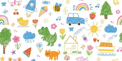 Cute kid doodle pattern. Seamless texture with child crayon drawings. Horizontal hand drawn child pencil background with flowers, stars, clouds, rainbow, sun. banner vector