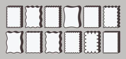 Wavy frames with shadows. Retro groovy squiggle border. Funky, curly, curvy shape frame with zigzag edges. Scalloped, squiggly labels for text. set vector