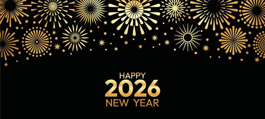 Festive fireworks. New year 2026 banner. Happy holiday celebration party with gold fireworks, firecracker explosion, carnival explosion glitter. Festive background