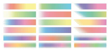Halftone frames. Dotted gradient banner. Header with circle mosaic edges. Horizontal title border with halftone effects. Colorful heading rectangular dot shapes. set vector